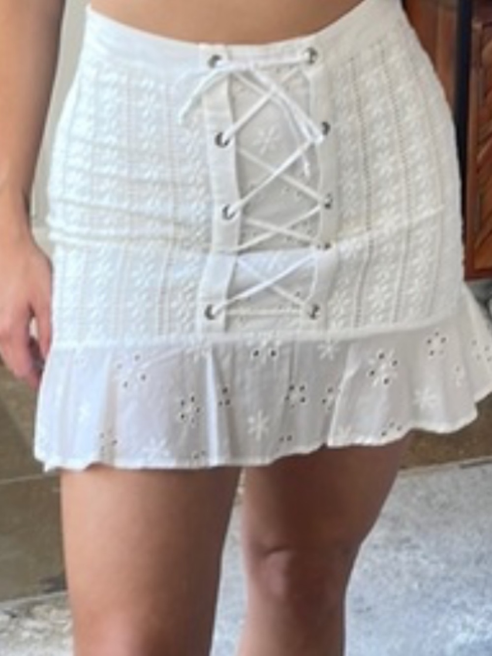 For Love & Lemons White Eyelet Lace-Up Mini Skirt